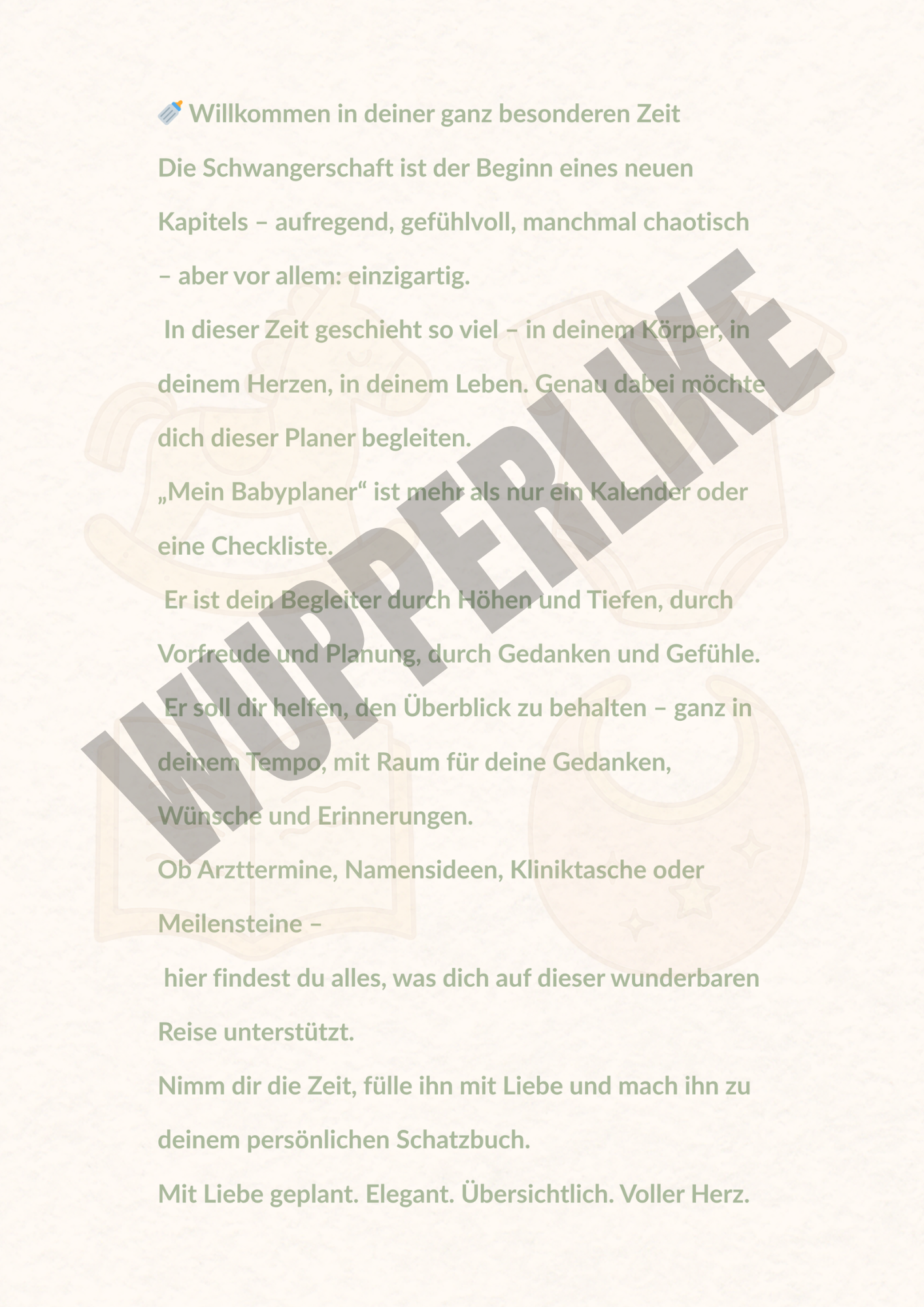 Babyplaner zum Ausdrucken mit liebevollem Text zur Schwangerschaftszeit von Wupperlike