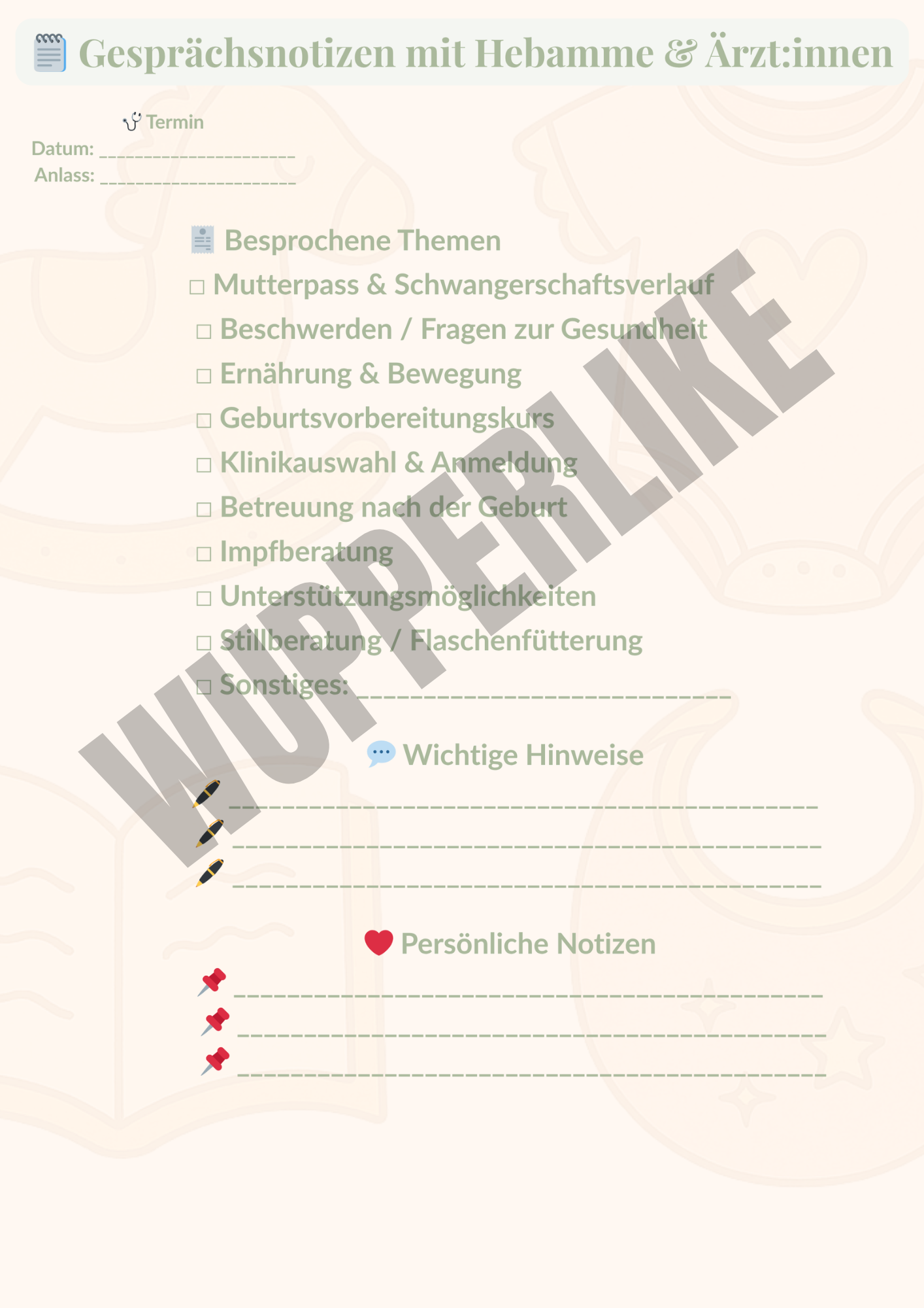 Babyplaner zum Ausdrucken mit Gesprächsnotizen für Hebamme und Ärztinnen von Wupperlike