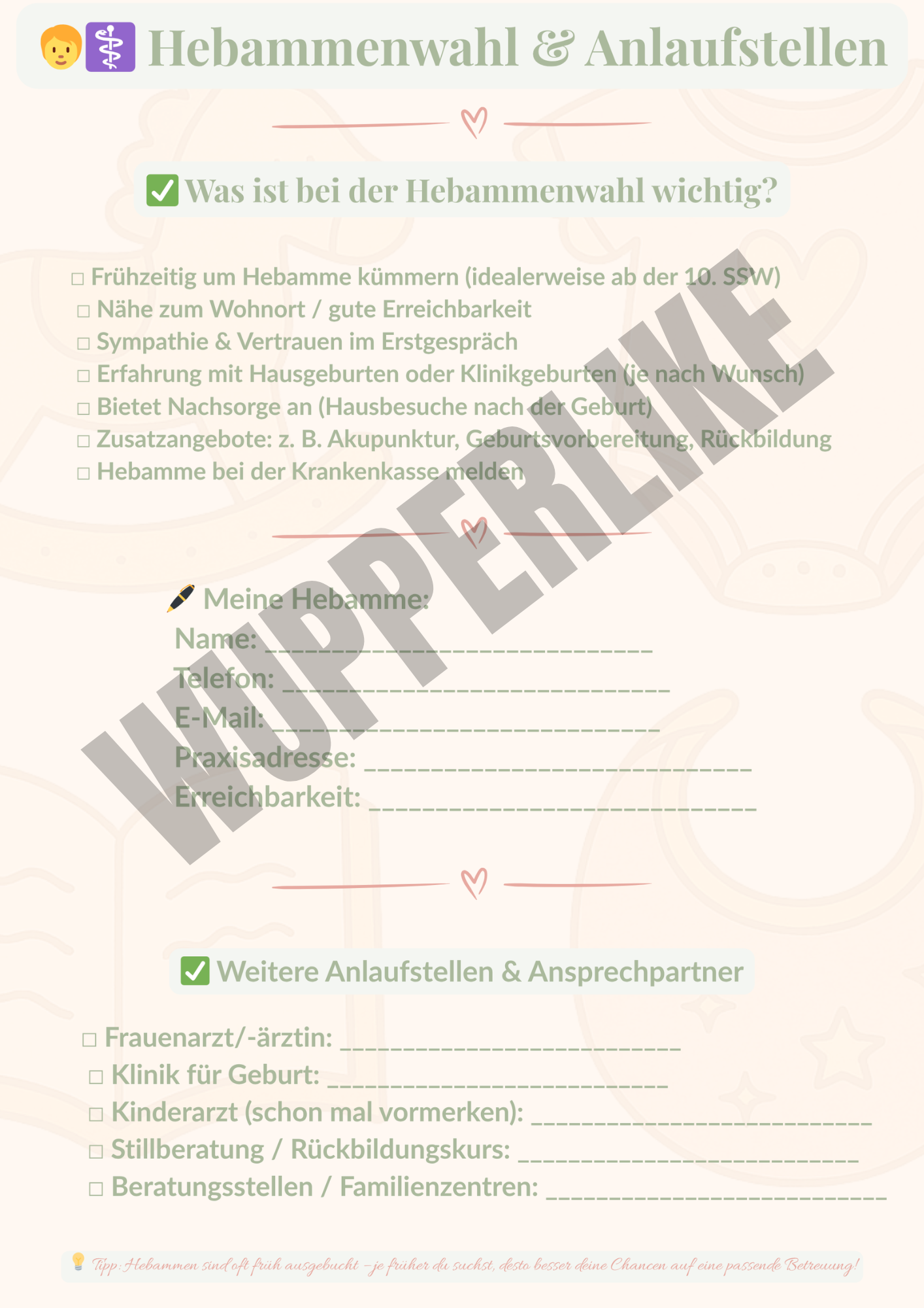 Babyplaner zum Ausdrucken Hebammenwahl und Anlaufstellen mit Checkliste und Platz für persönliche Angaben