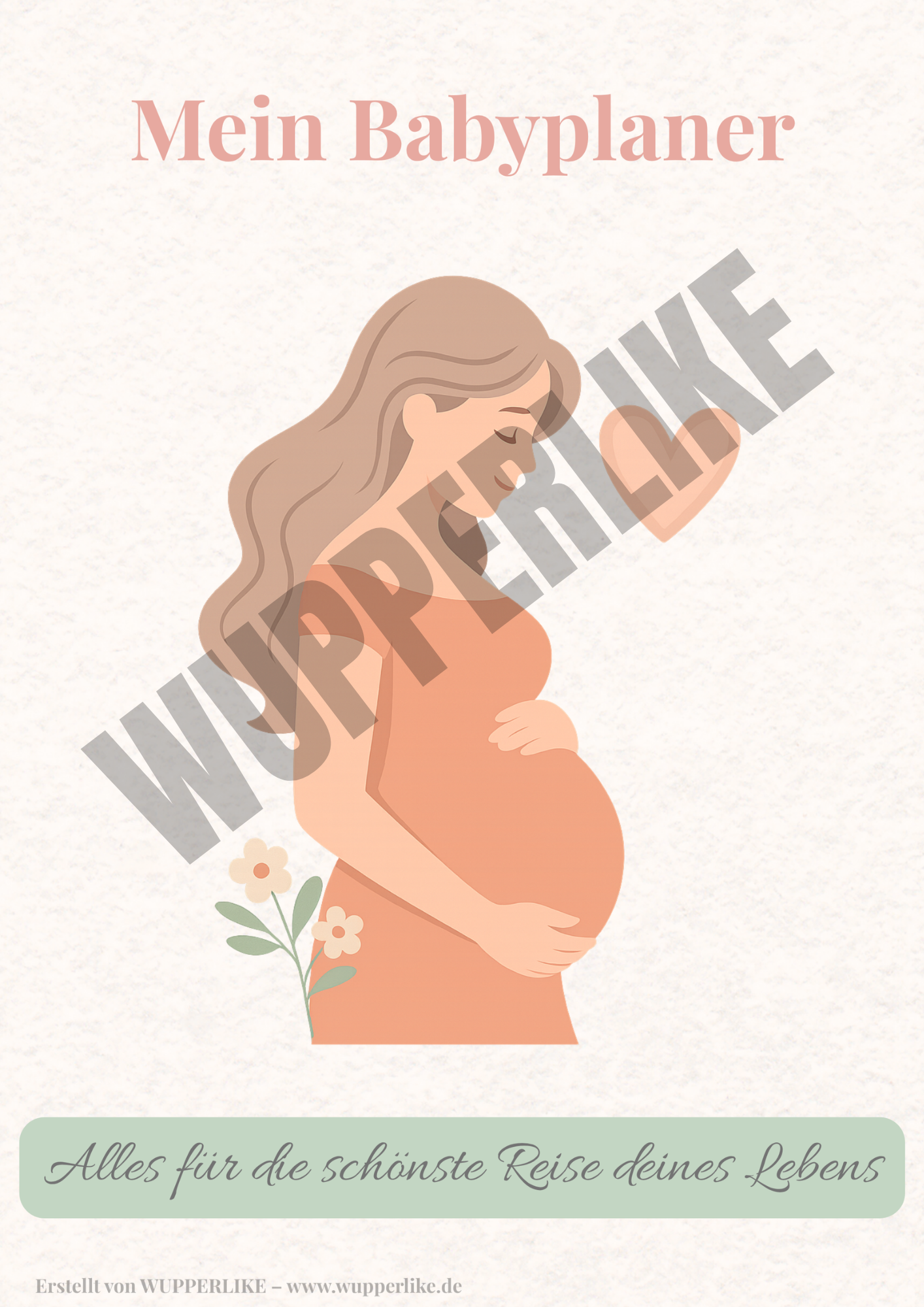 Babyplaner zum Ausdrucken mit Illustration einer schwangeren Frau und sanften Pastellfarben
