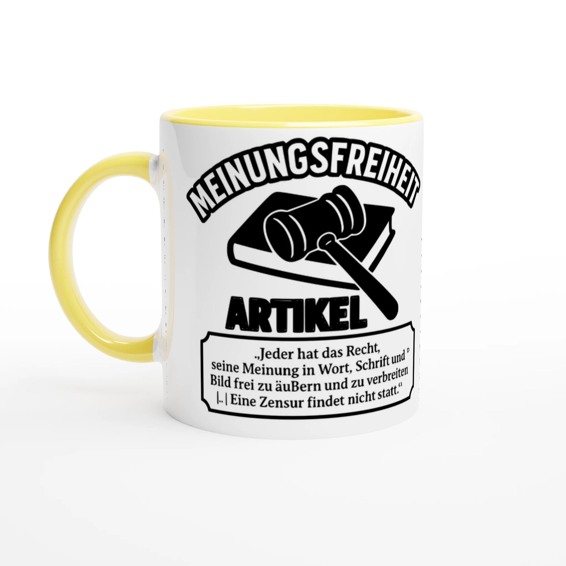 Weiße bedruckte kaffeetasse bestellen mit gelbem Henkel und Text zu Meinungsfreiheit und Artikel