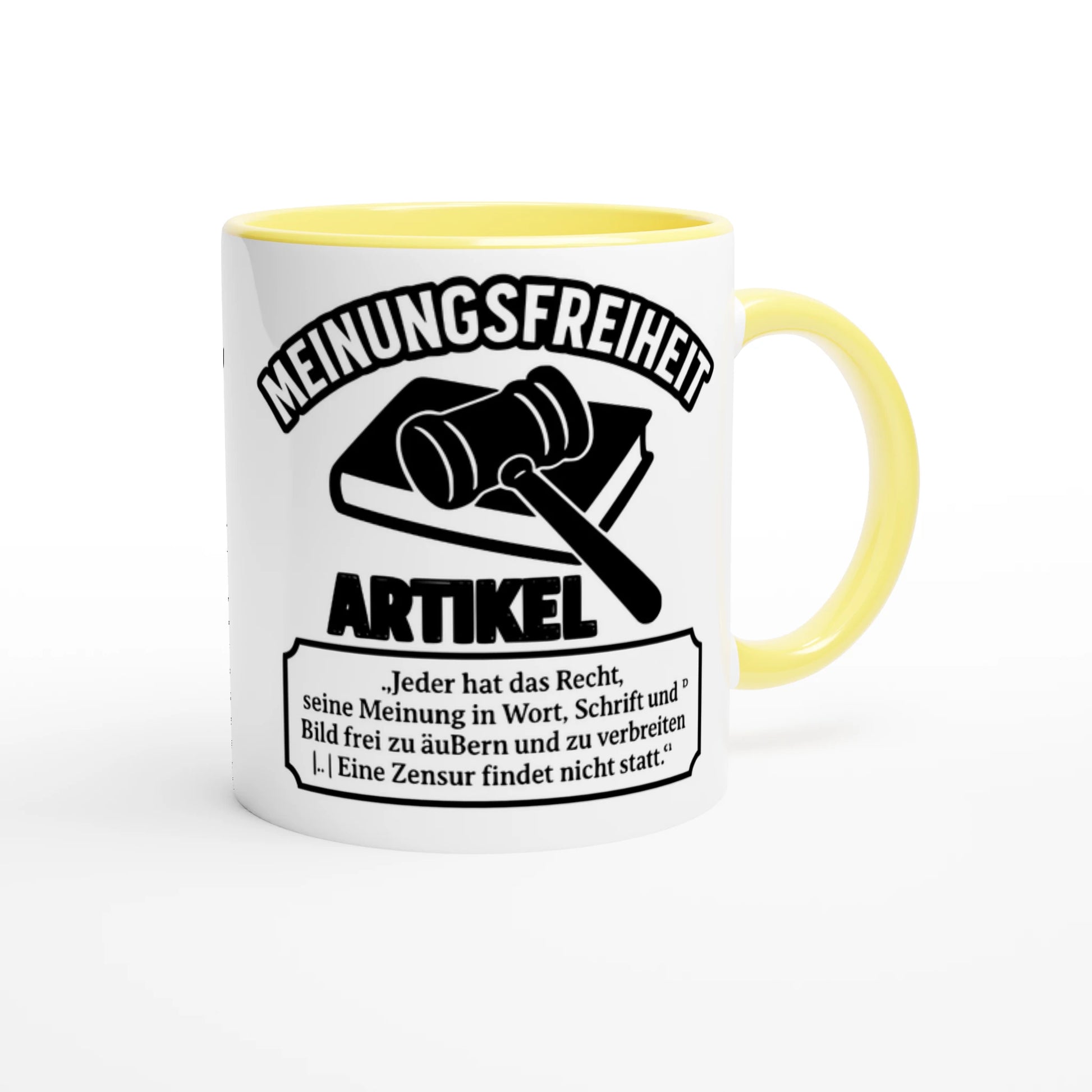 Weiße Tasse mit gelbem Griff und Innenfläche bedruckt mit Meinungsfreiheit Artikel Text zum bedruckte kaffeetasse bestellen
