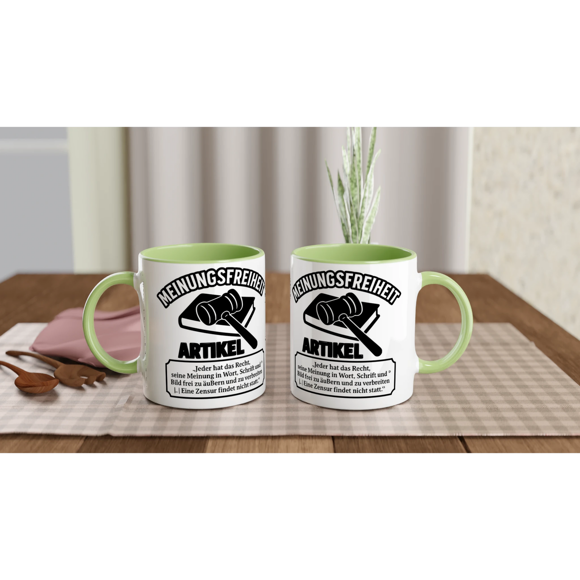 Bedruckte kaffeetasse bestellen mit Meinungsfreiheit Artikel Design in Mein Shop grün weiße Tasse