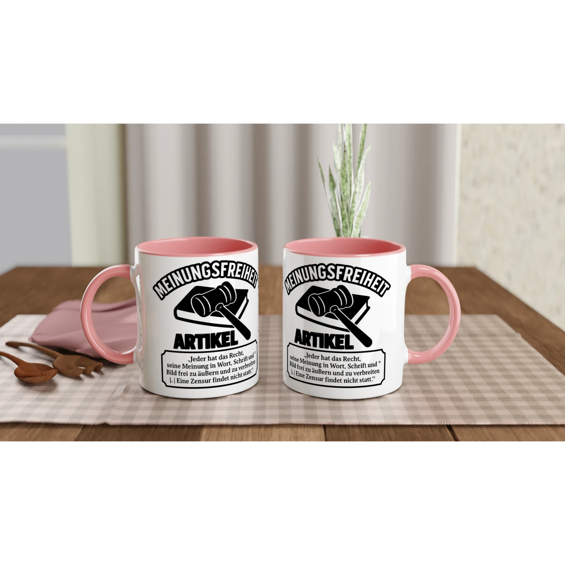 Zwei bedruckte kaffeetasse bestellen mit Meinungsfreiheit Artikel Design in Weiß und Rosa