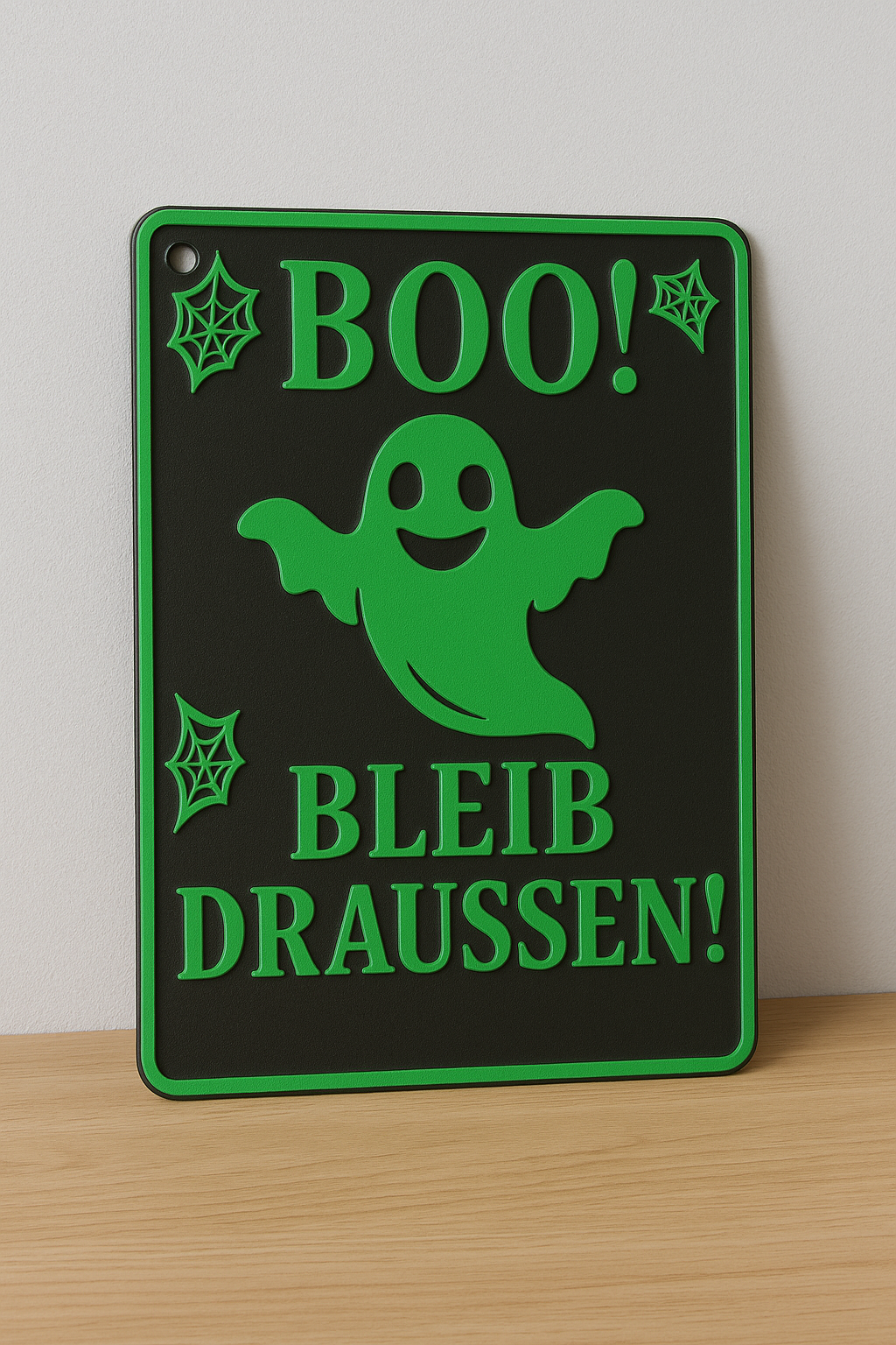 Grünes Boo bleib draussen Schild bestellen mit lachendem Geist und Spinnennetz für Haustür