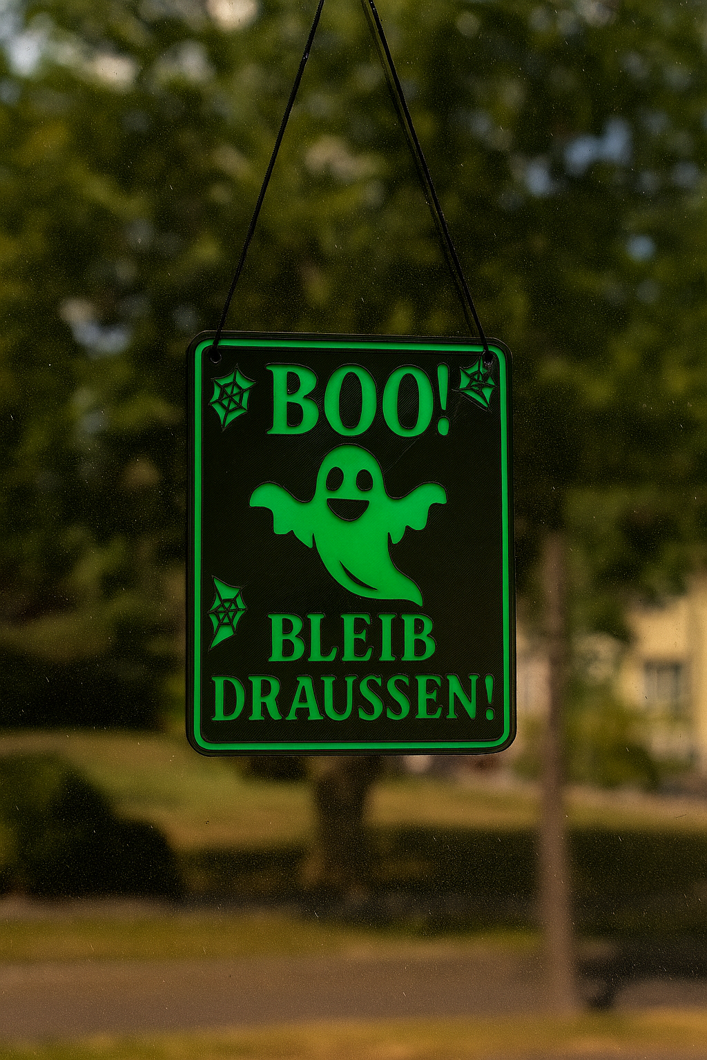 Boo bleib draussen Schild bestellen mit grün leuchtendem Geist und Spinnennetzen von Wupperlike