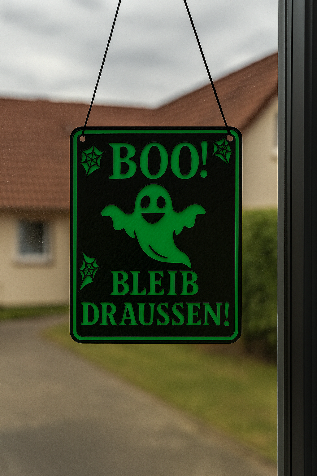 Boo bleib draussen Schild bestellen schwarzes Schild mit grünem Geist und Spinnennetzen
