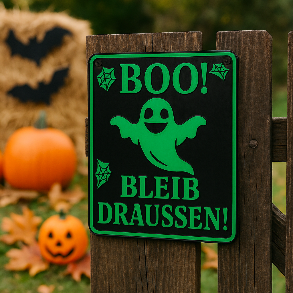 Grünes Halloween Boo bleib draussen Schild bestellen mit Gespenst an Holzzaun im Herbst