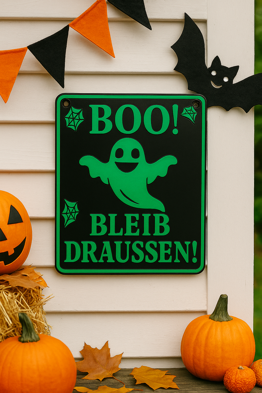 Boo bleib draussen Schild bestellen mit grünem Geist und Spinnennetz Dekor für Halloween