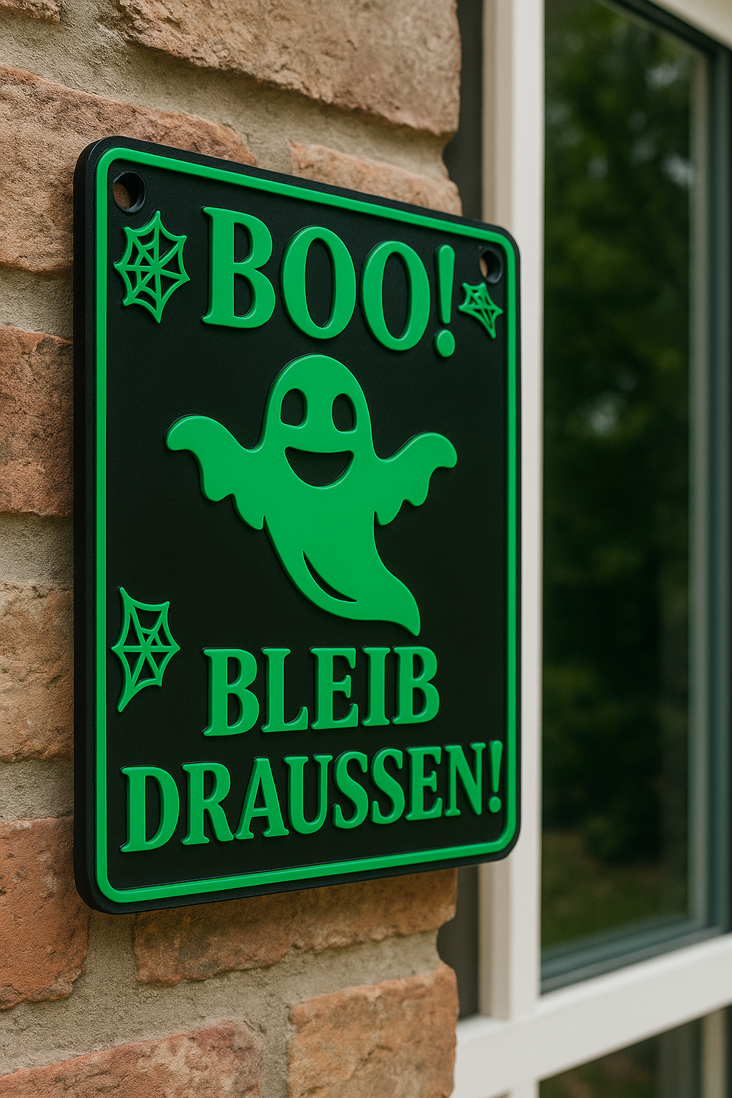 Boo bleib draussen Schild bestellen grün schwebender Geist auf schwarzem Hintergrund an Hauswand