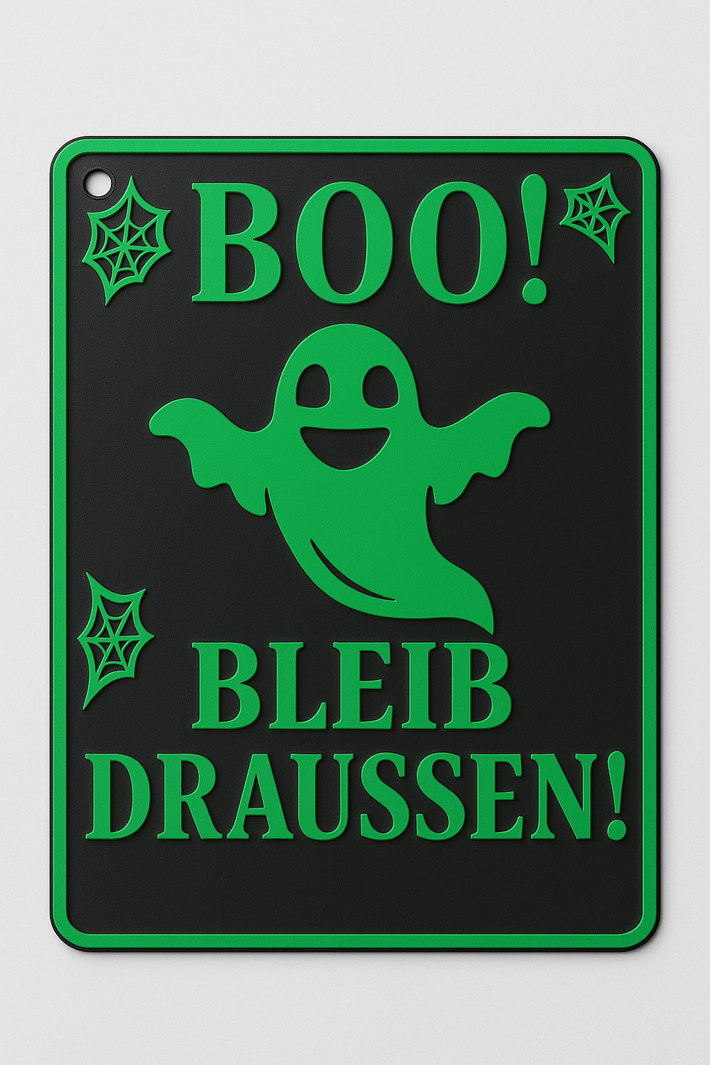 Boo bleib draussen Schild bestellen mit grünem Geist und Spinnennetzen auf schwarzem Hintergrund