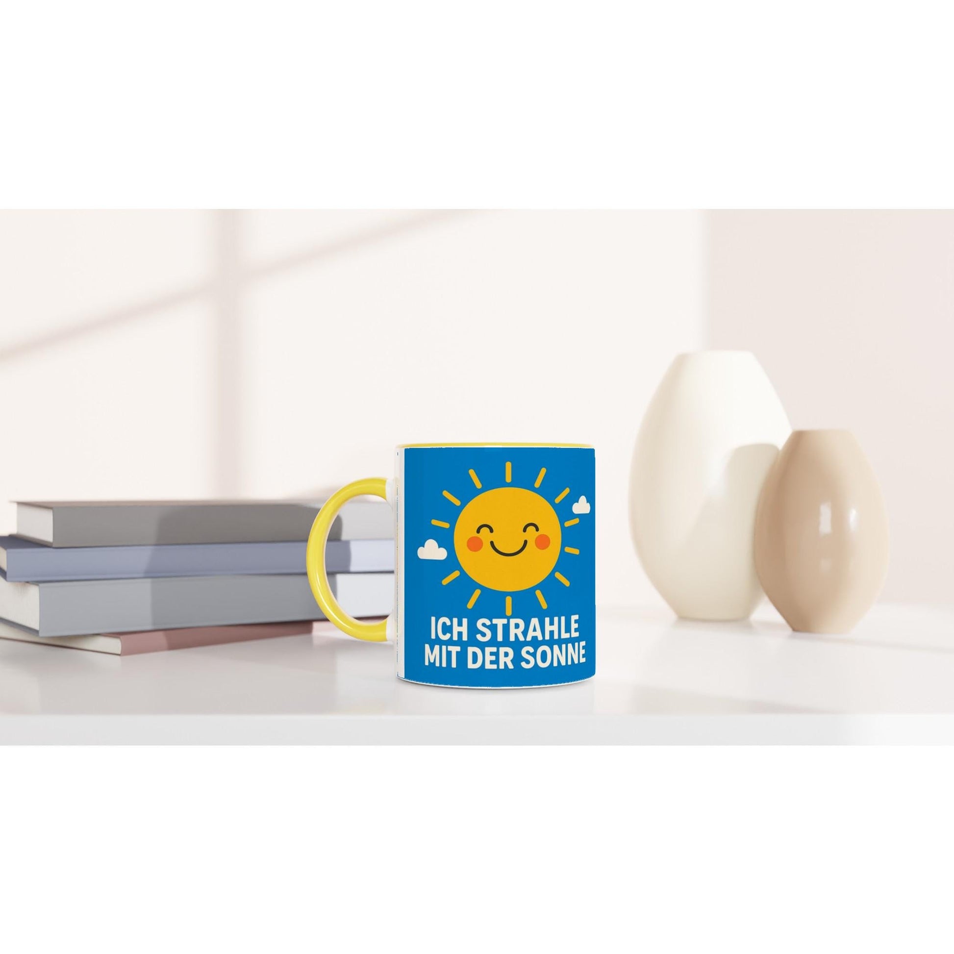 Bunte Keramiktasse Geschenkidee mit fröhlicher Sonne und Aufschrift ich strahle mit der Sonne von Wupperlike
