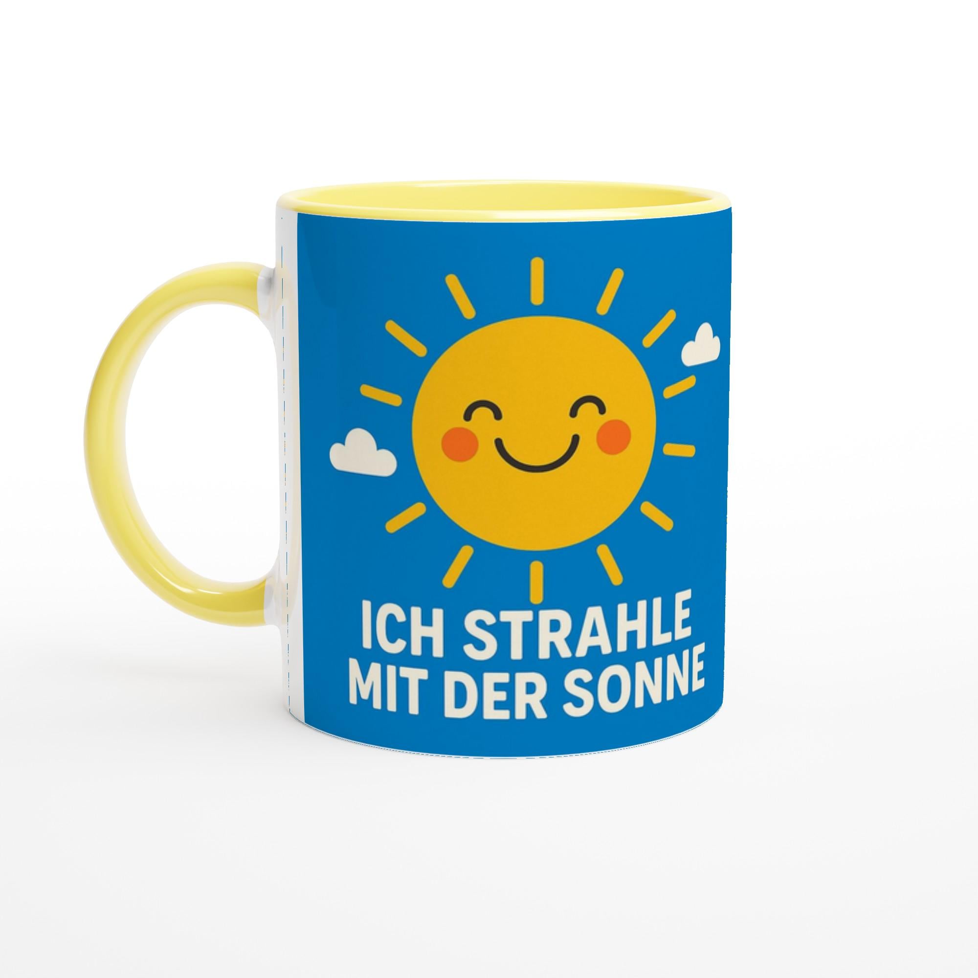 Bunte Keramiktasse Geschenkidee von Wupperlike mit lachender Sonne und Aufschrift Ich strahle mit der Sonne