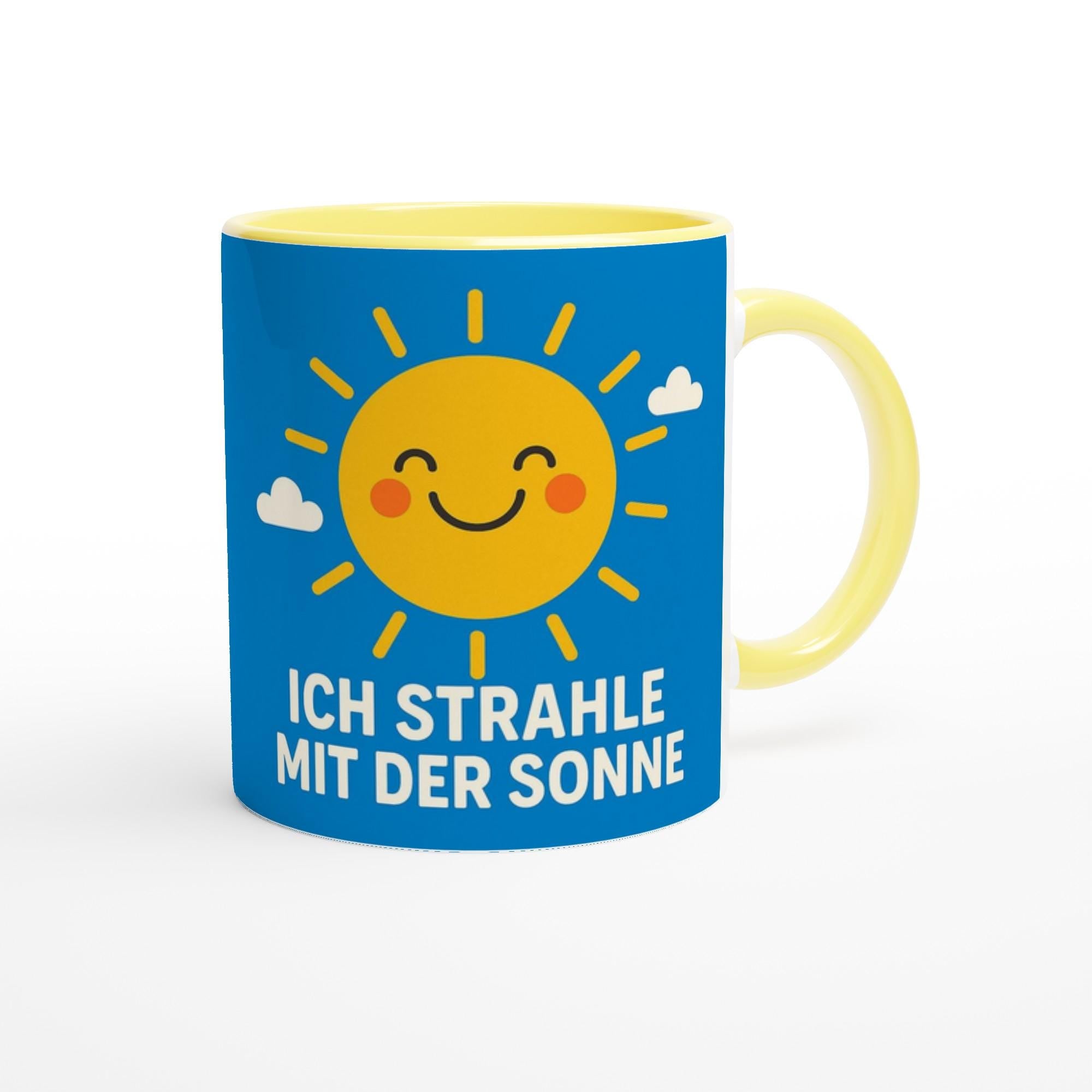 Bunte Keramiktasse Geschenkidee von Wupperlike mit lachender Sonne und Spruch Ich strahle mit der Sonne
