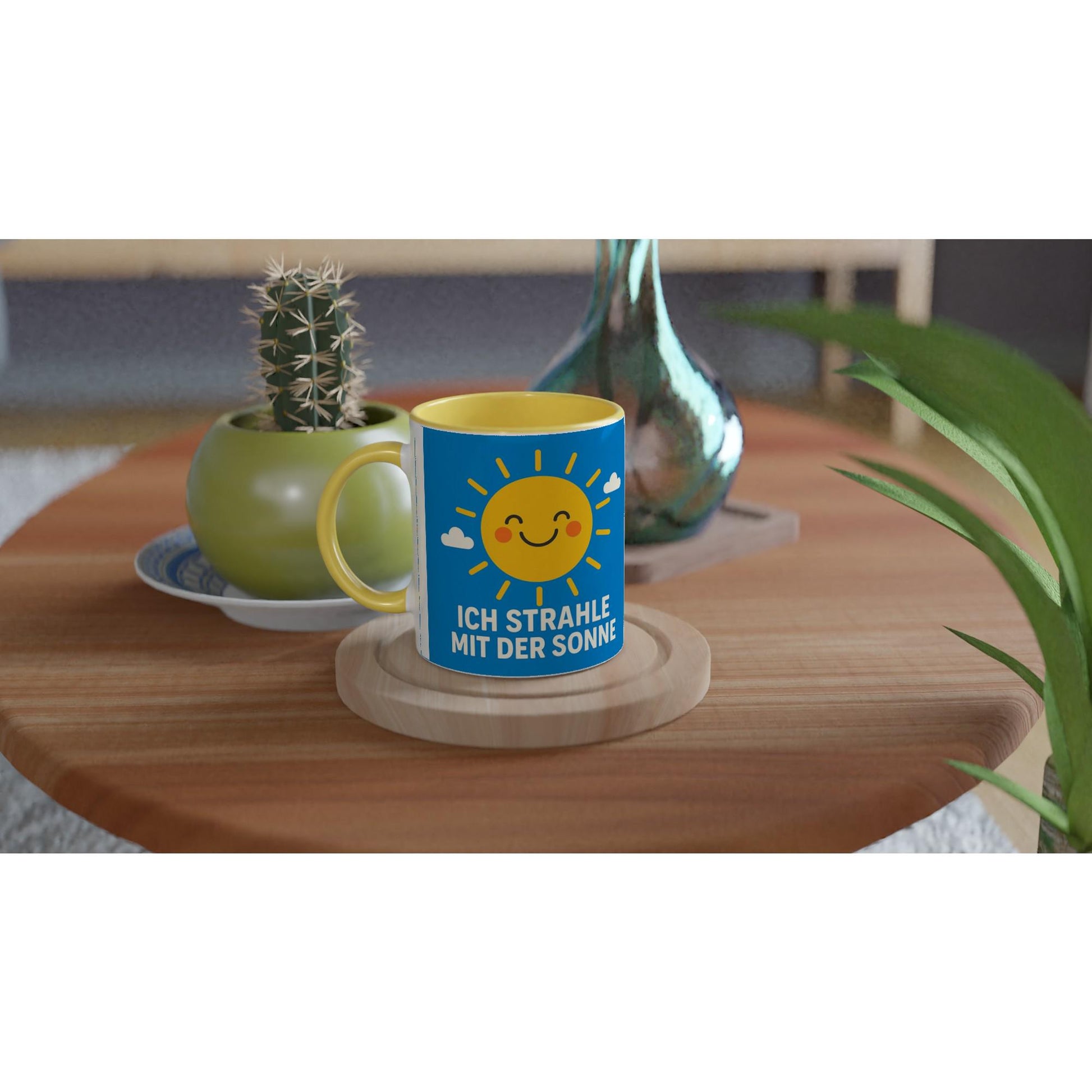 Bunte Keramiktasse Geschenkidee von Wupperlike mit sonnigem Motiv und dem Spruch Ich strahle mit der Sonne