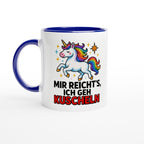 Weiße Einhorn Tasse mit Spruch Mir reicht's ich geh kuscheln und blauem Henkel von Wupperlike