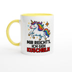 Weiße Einhorn Tasse mit Spruch Kuscheln, gelbem Henkel und Innenfarbe von Wupperlike