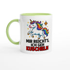 Einhorn Tasse mit Spruch Mir reicht's ich geh kuscheln von Wupperlike mit grünem Henkel