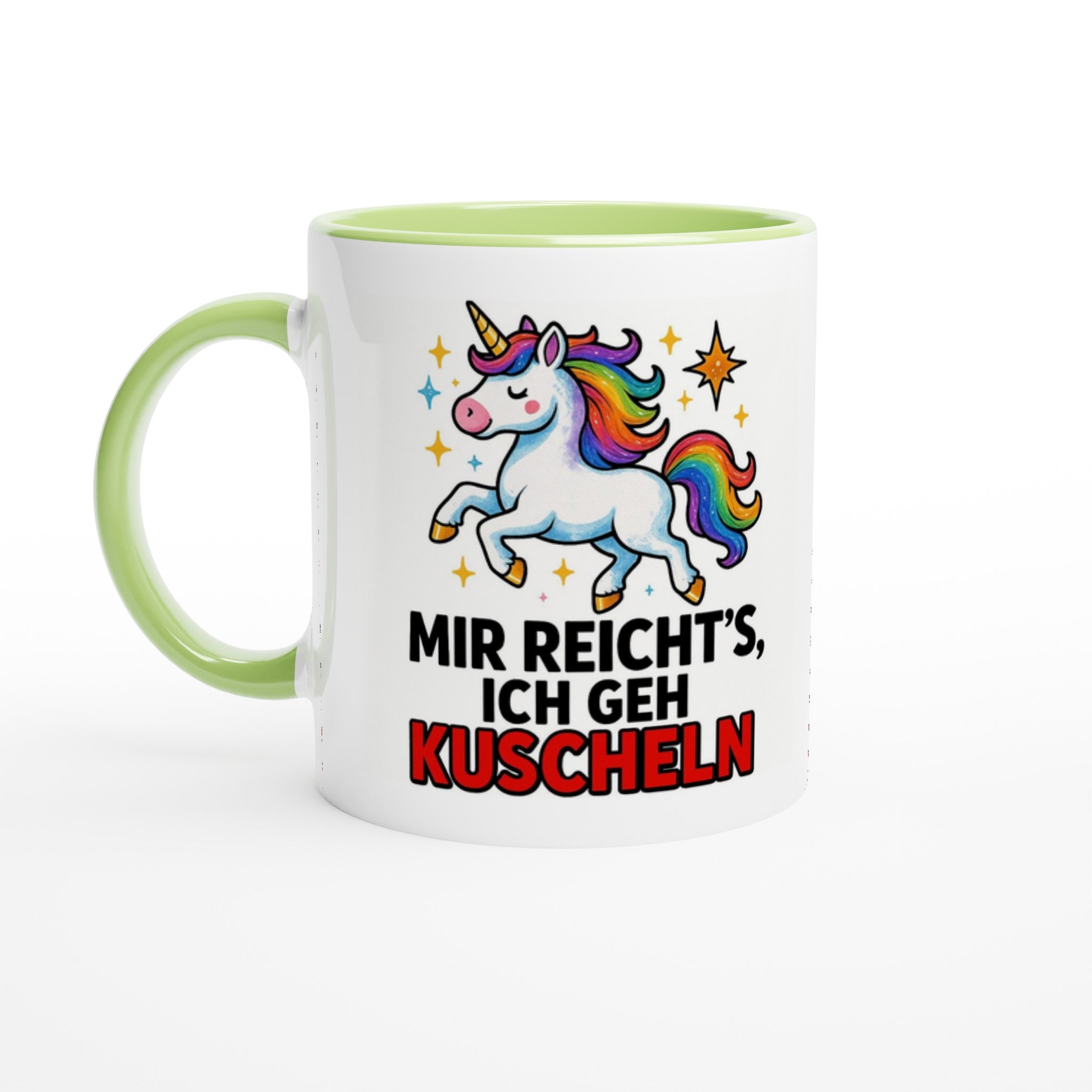 Einhorn Tasse mit Spruch Mir reicht's ich geh kuscheln von Wupperlike mit grünem Henkel