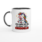Einhorn Tasse mit Spruch und niedlichem Einhornmotiv von Wupperlike in Weiß mit schwarzem Henkel