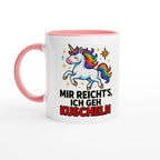 Weiße Einhorn Tasse mit Spruch Kuscheln und buntem Einhornmotiv von Wupperlike