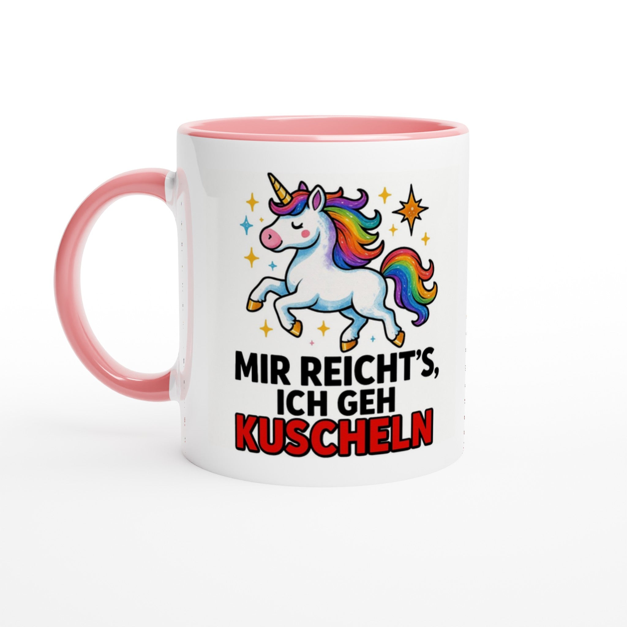 Weiße Einhorn Tasse mit Spruch Kuscheln und buntem Einhornmotiv von Wupperlike