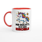Einhorn Tasse mit Spruch Mir reicht's ich geh kuscheln weiße Tasse mit rotem Henkel und Innenfarbe
