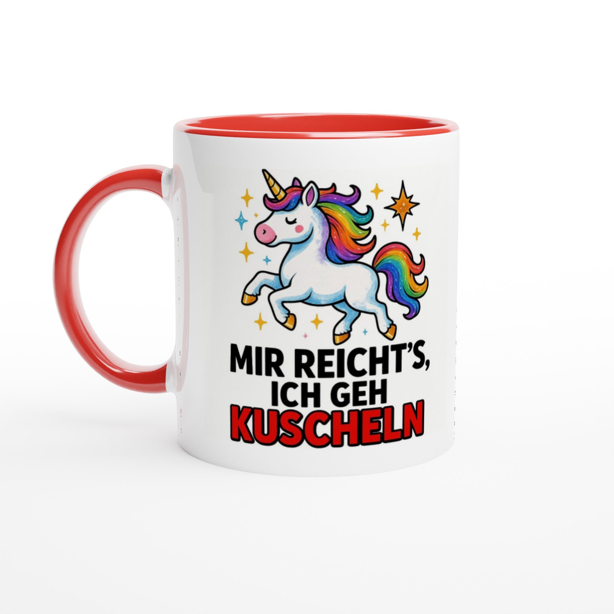 Einhorn Tasse mit Spruch Mir reicht's ich geh kuscheln weiße Tasse mit rotem Henkel und Innenfarbe