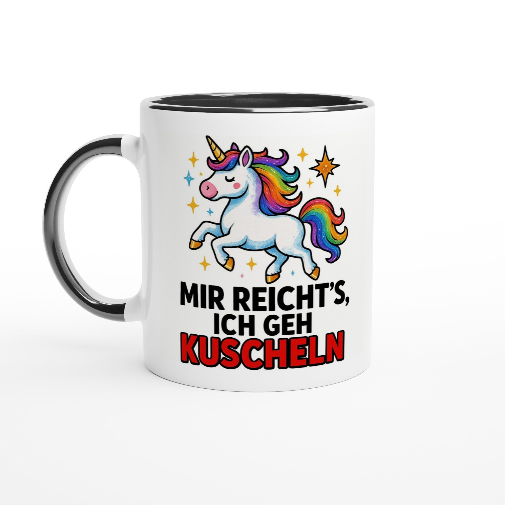 Einhorn Tasse mit Spruch Mir reicht's ich geh kuscheln bunte Einhorn Grafik auf weißer Tasse