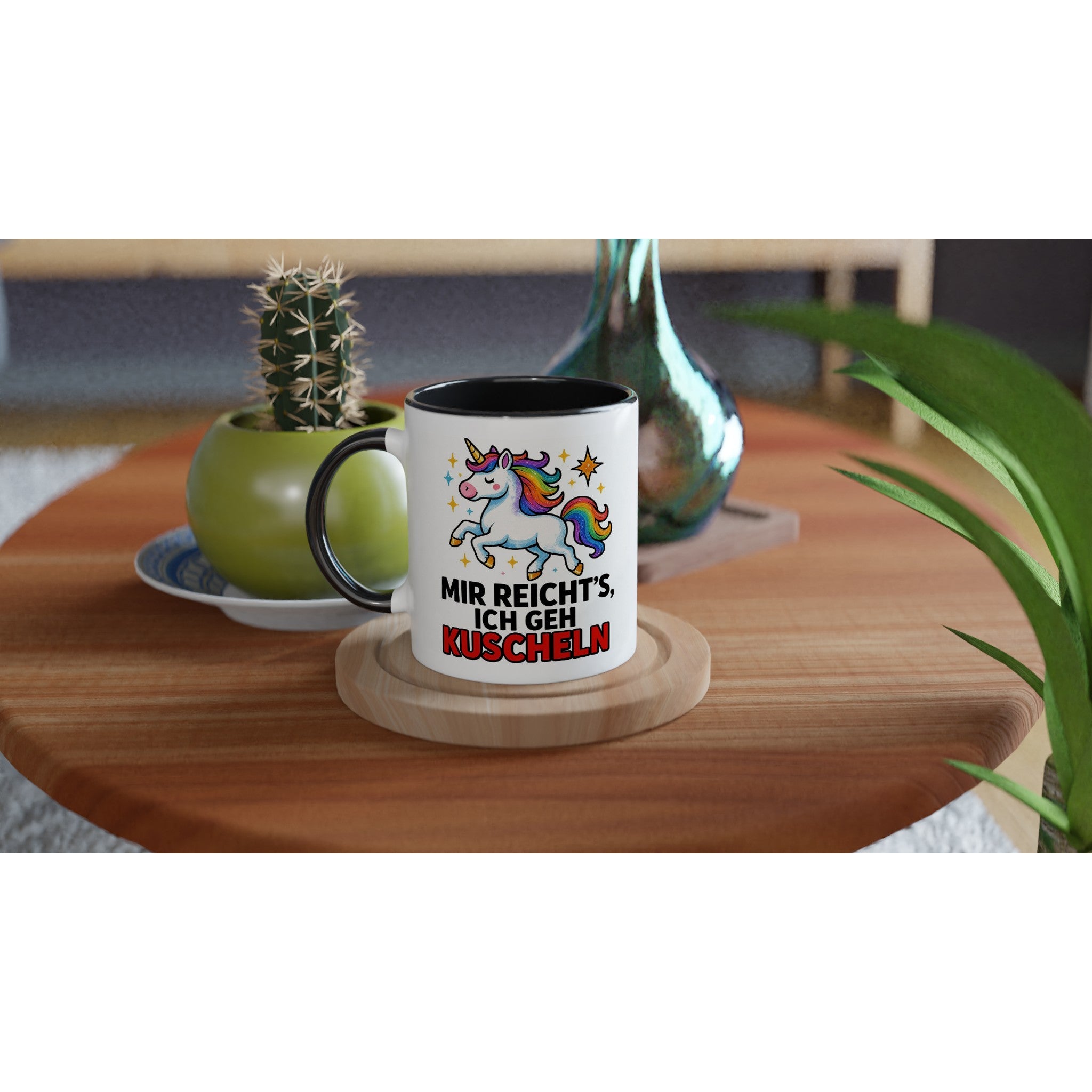 Einhorn Tasse mit Spruch Mir reicht's ich geh kuscheln auf Holzuntersetzer von Wupperlike