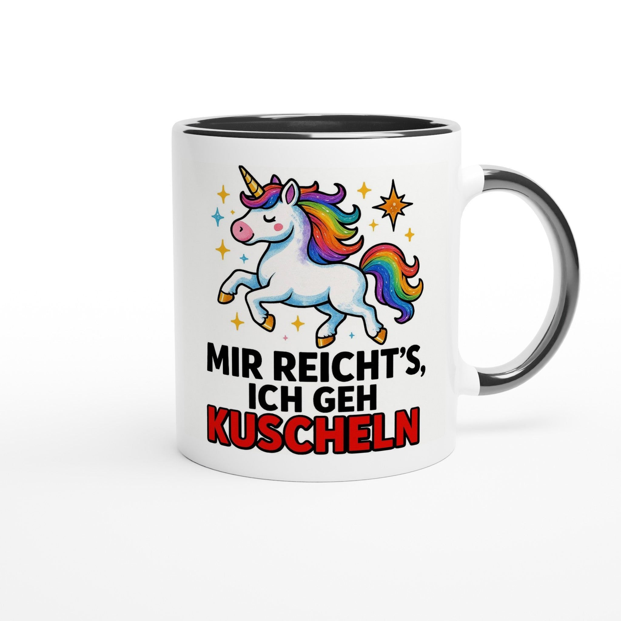 Einhorn Tasse mit Spruch Mir Reicht's ich geh Kuscheln von Wupperlike mit buntem Einhorn