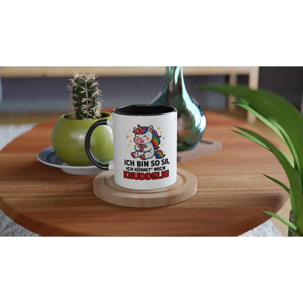 Einhorn Tasse mit Spruch Ich bin so süß ich könnt mich knuddeln von Wupperlike auf Holzuntersetzer
