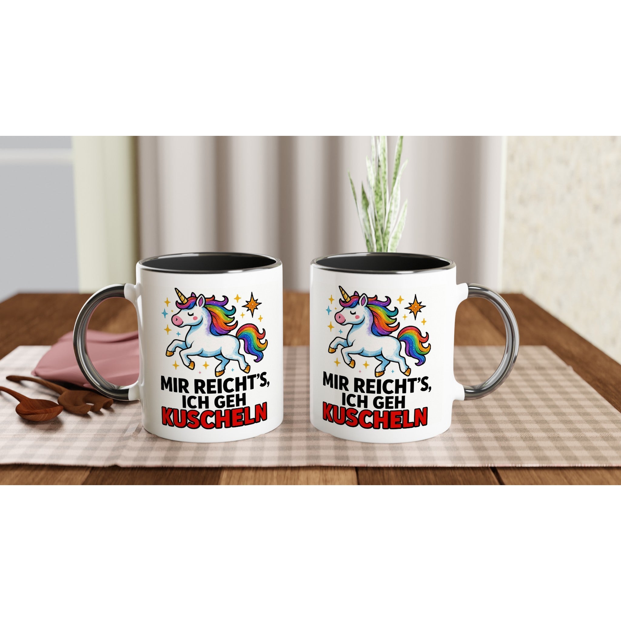 Einhorn Tasse mit Spruch Mir reicht's ich geh kuscheln von Wupperlike mit buntem Einhornmotiv
