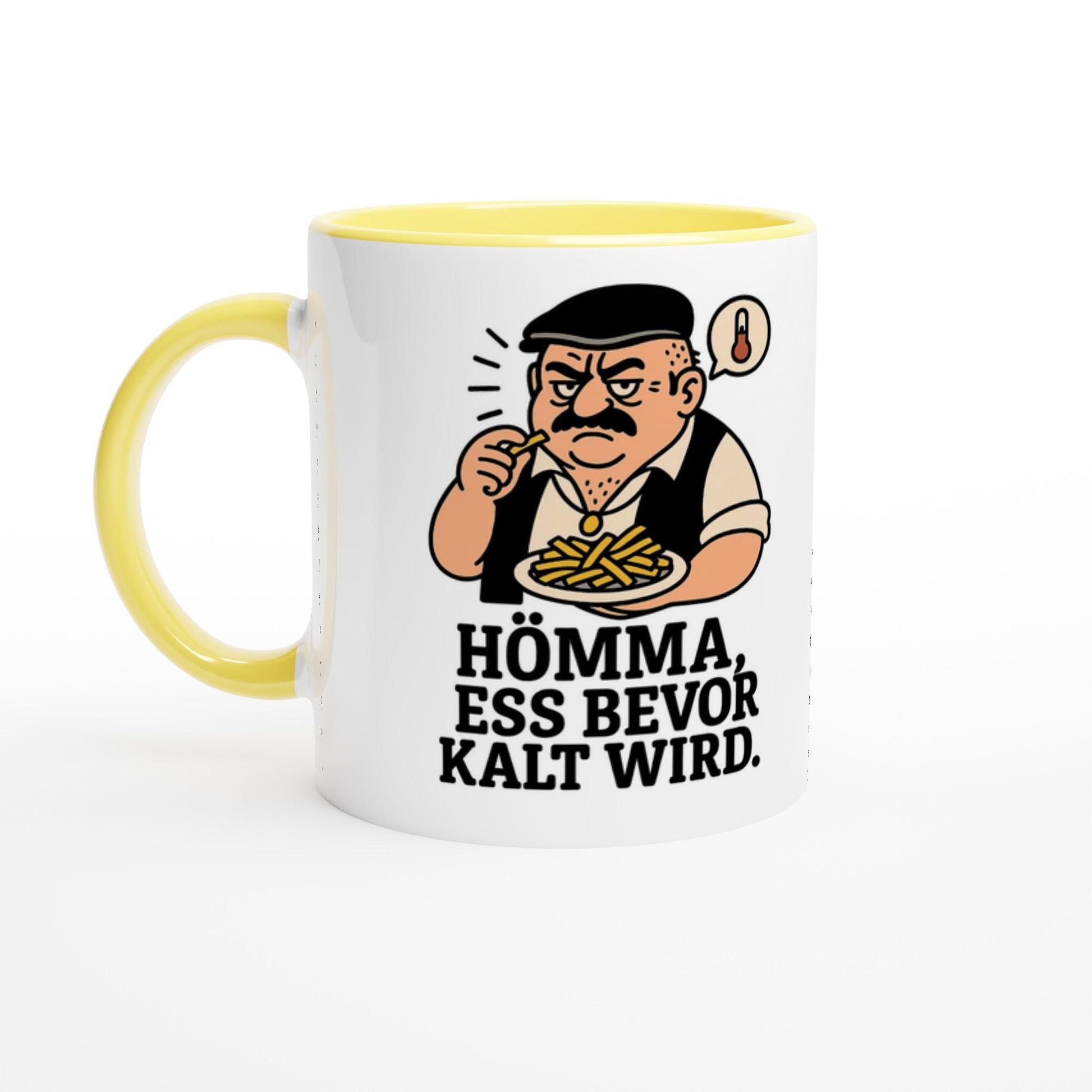 Keramiktasse mit Spruch Geschenk mit lustiger Zeichnung und gelbem Henkel und Innenseite