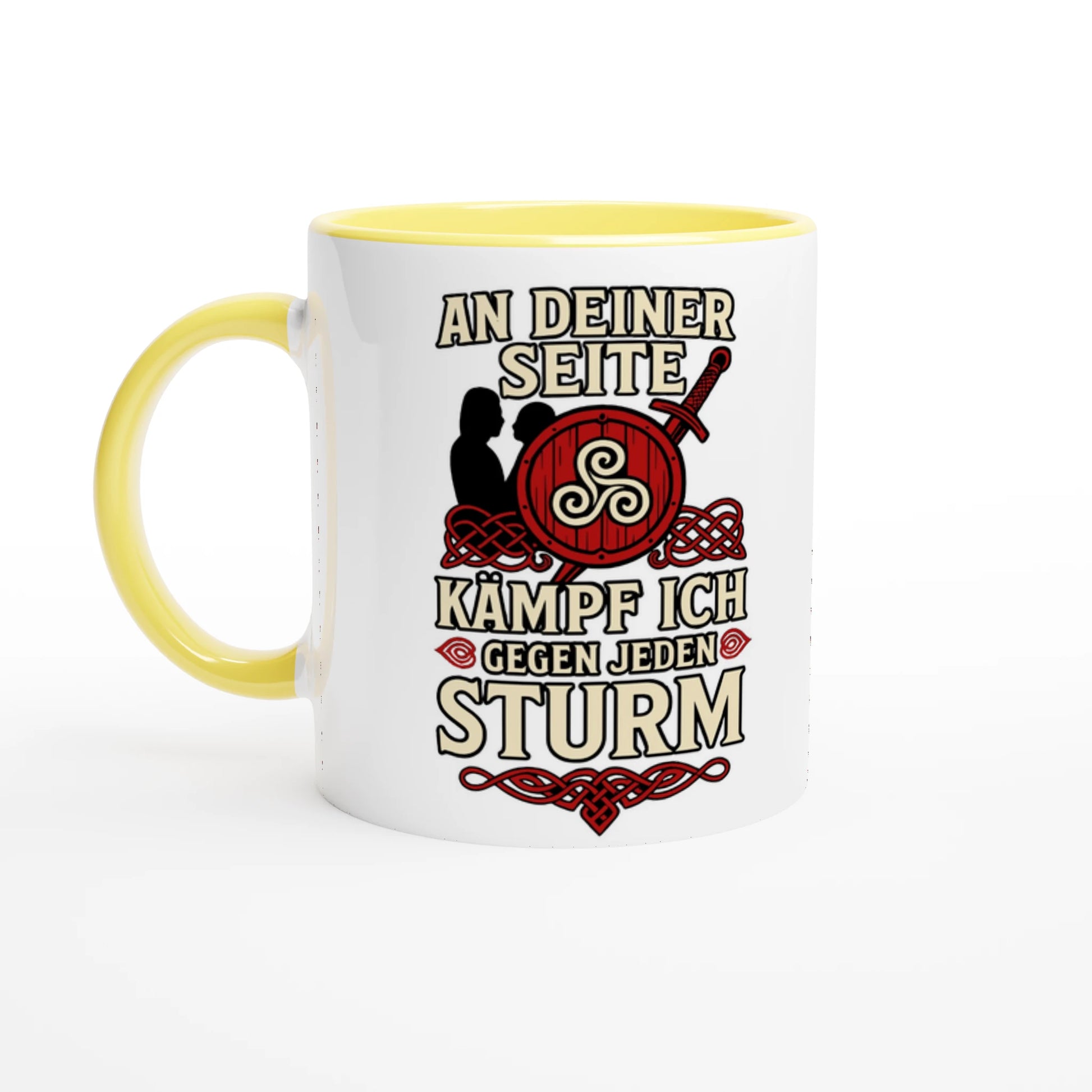 Wupperlike Tasse mit gelbem Henkel und Partner Geschenk für Partnerin Motiv Kämpf ich gegen jeden Sturm