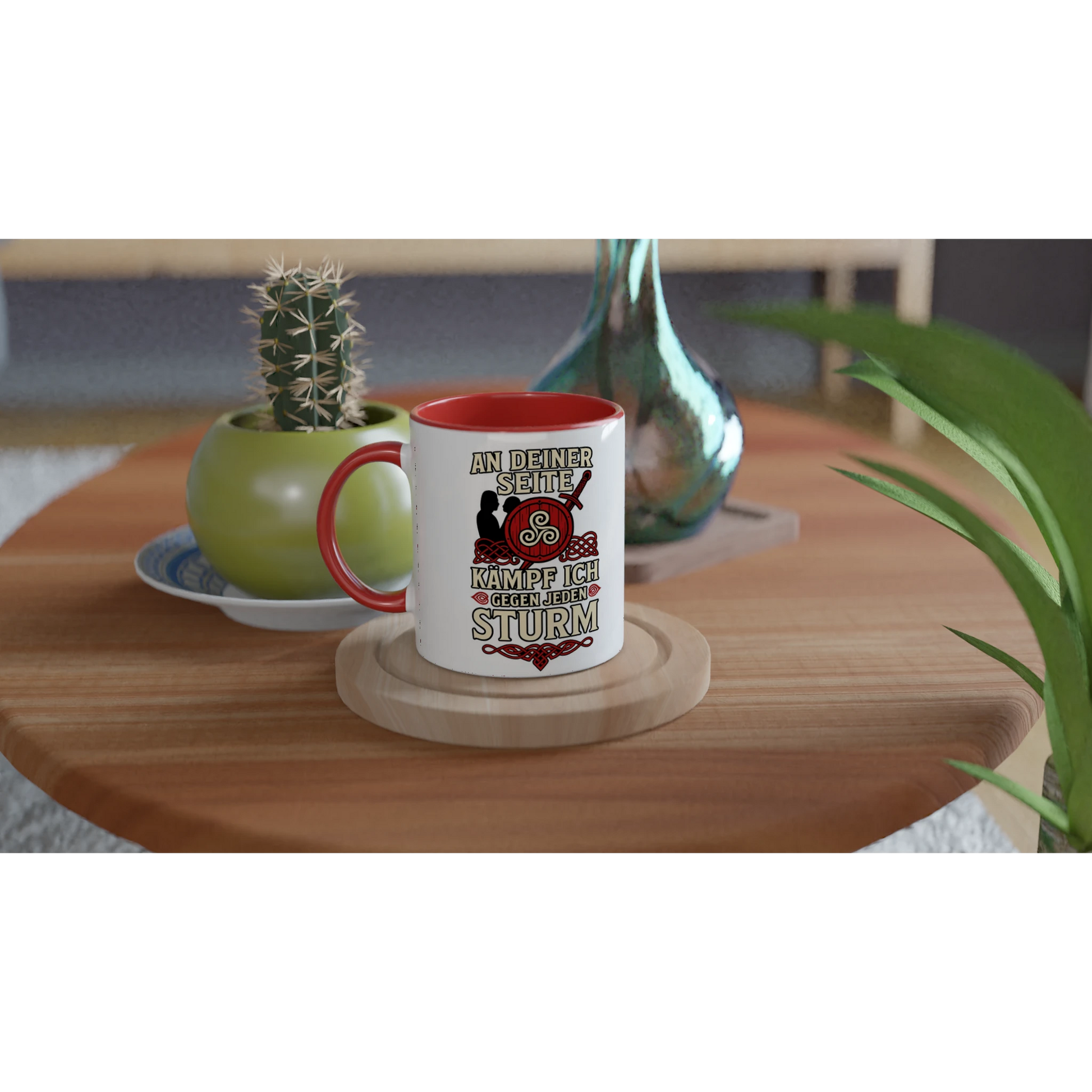 Wupperlike Tasse mit rotem Innenrand und Griff mit Spruch als Geschenk für Partnerin auf Holztisch