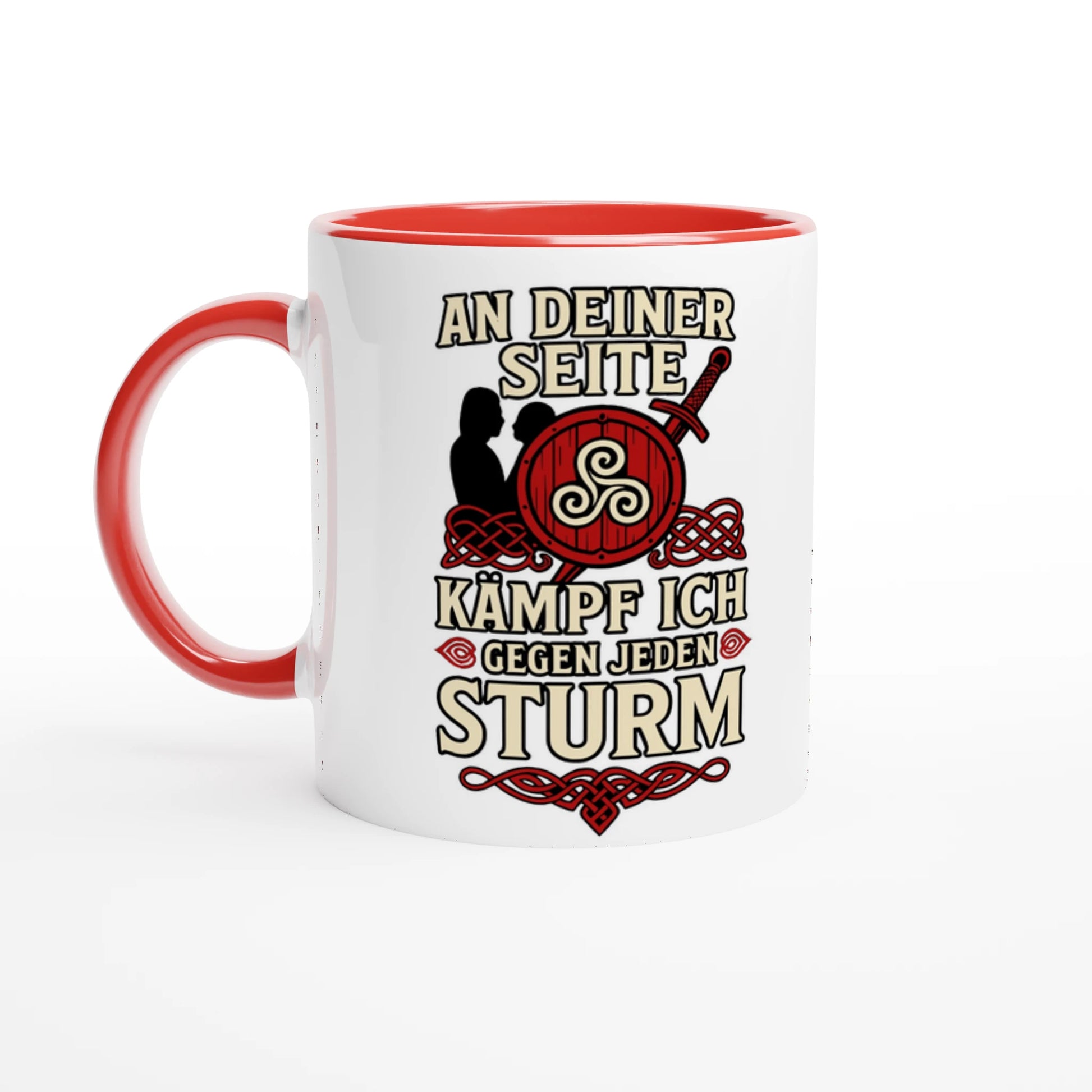 Wupperlike Tasse mit rotem Griff und Innenfarbe als Geschenk für Partnerin mit Kampfspruch und Wikingerdesign
