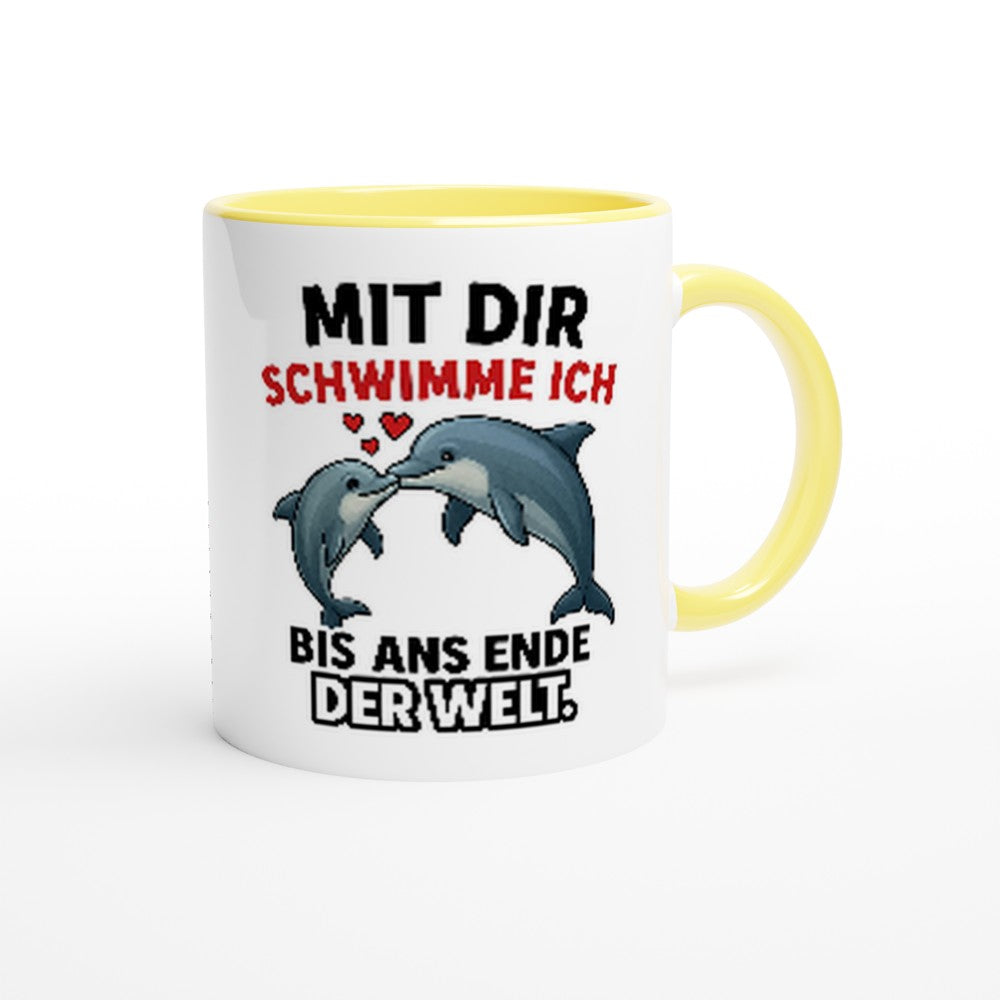 Wupperlike Tasse mit Delfin Motiv und Text als Geschenkidee für Freundin in Gelb und Weiß