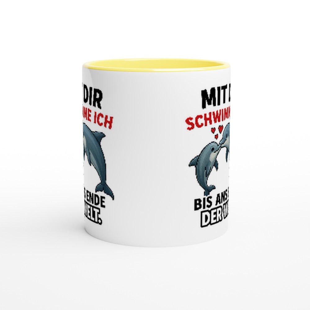 Wupperlike Bedruckte Tasse mit Delfinmotiv als Geschenkidee für Freundin mit gelbem Innenrand