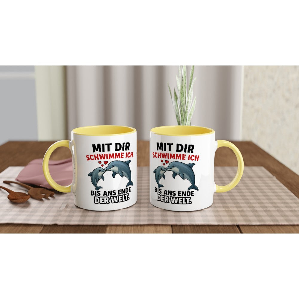 Wupperlike Tassen mit Delfinmotiv als Geschenkidee für Freundin mit gelbem Henkel und Innenseite