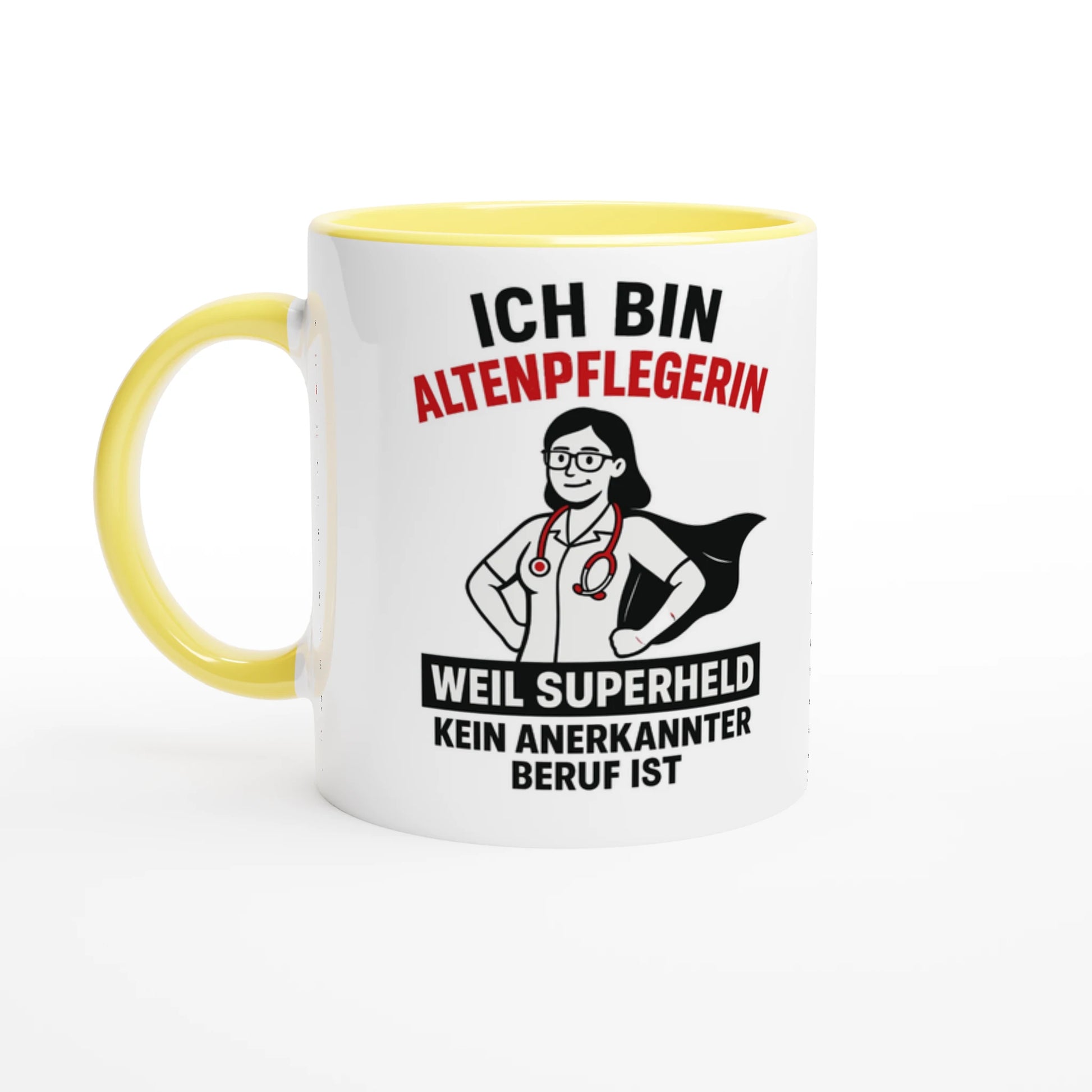 Wupperlike Tasse mit Aufdruck Ich bin Altenpflegerin Geschenkidee für Altenpflegerinnen in Weiß und Gelb