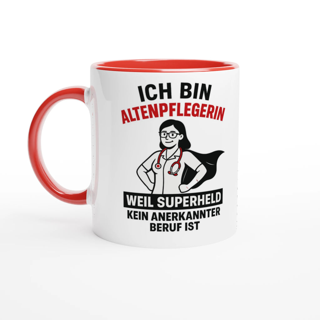 Wupperlike Tasse mit rotem Griff und Innenfarbe als Geschenkidee für Altenpflegerinnen mit Superhelden-Motiv
