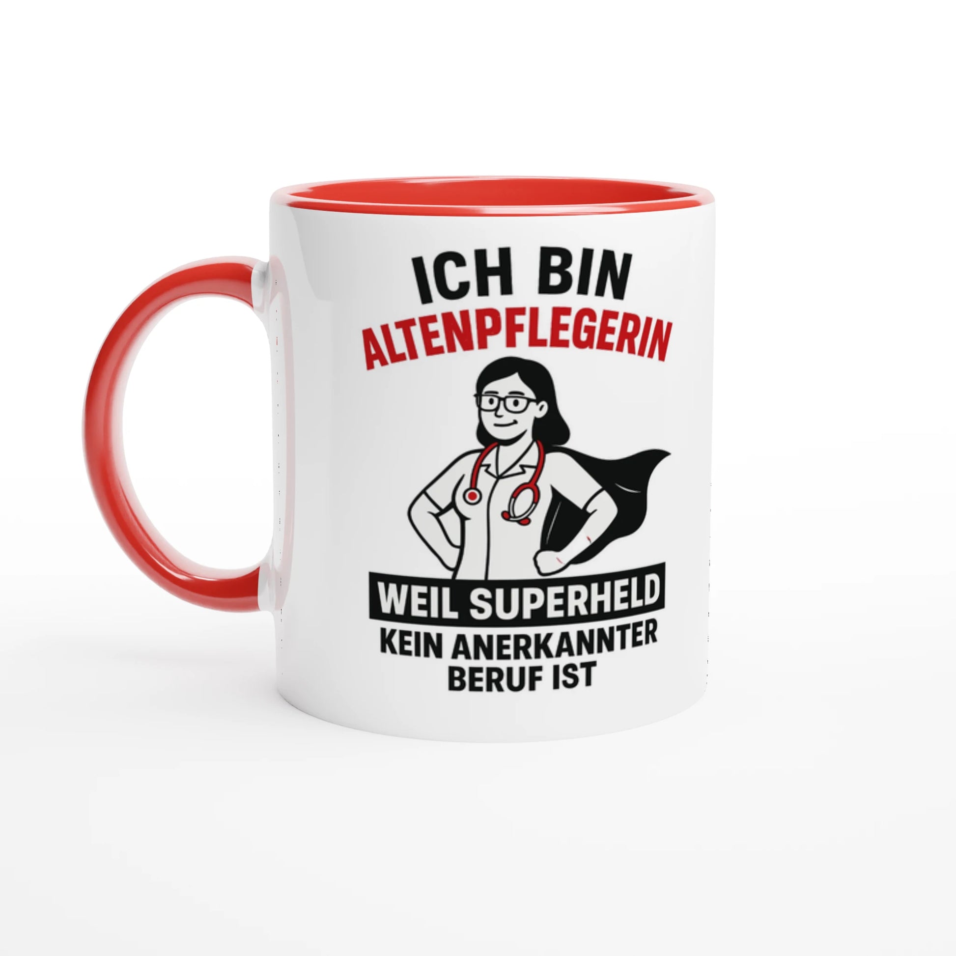 Wupperlike Tasse mit rotem Griff und Innenfarbe als Geschenkidee für Altenpflegerinnen mit Superhelden-Motiv