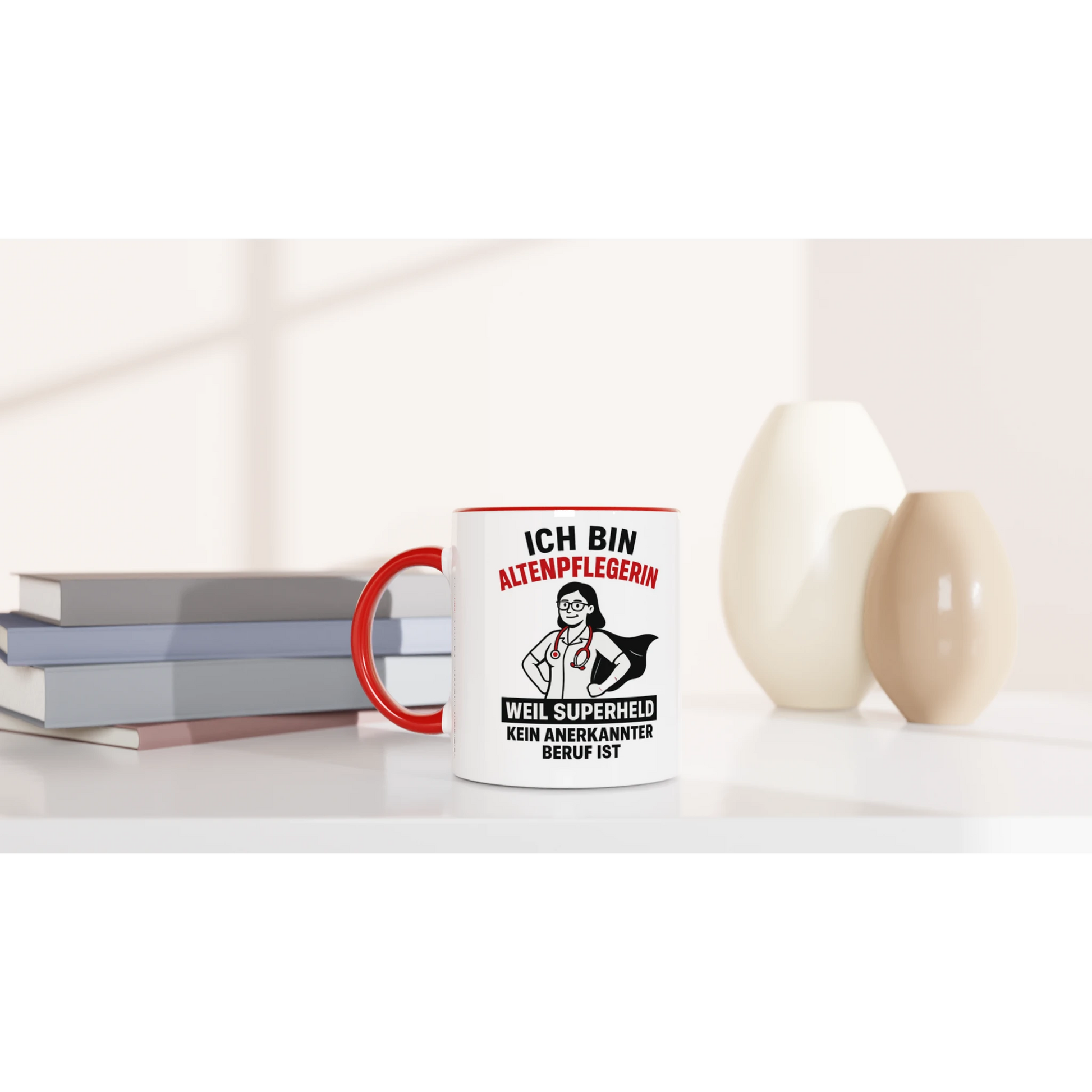 Weiße Tasse von Wupperlike mit rotem Griff und Aufdruck Geschenkidee für Altenpflegerinnen