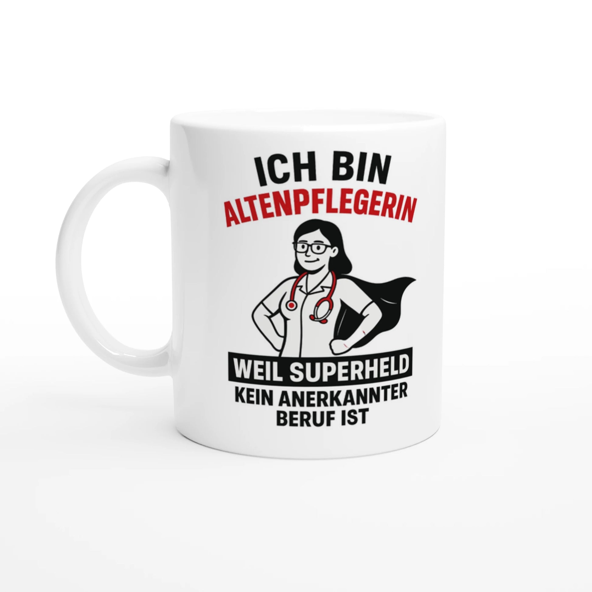 Weiße Wupperlike Tasse mit Aufdruck Geschenkidee für Altenpflegerinnen als Superheldin Motiv