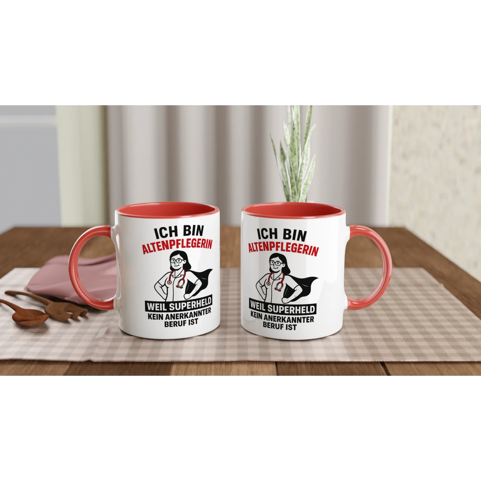 Wupperlike Tasse mit Aufdruck Geschenkidee für Altenpflegerinnen mit rotem Griff und Innenfläche