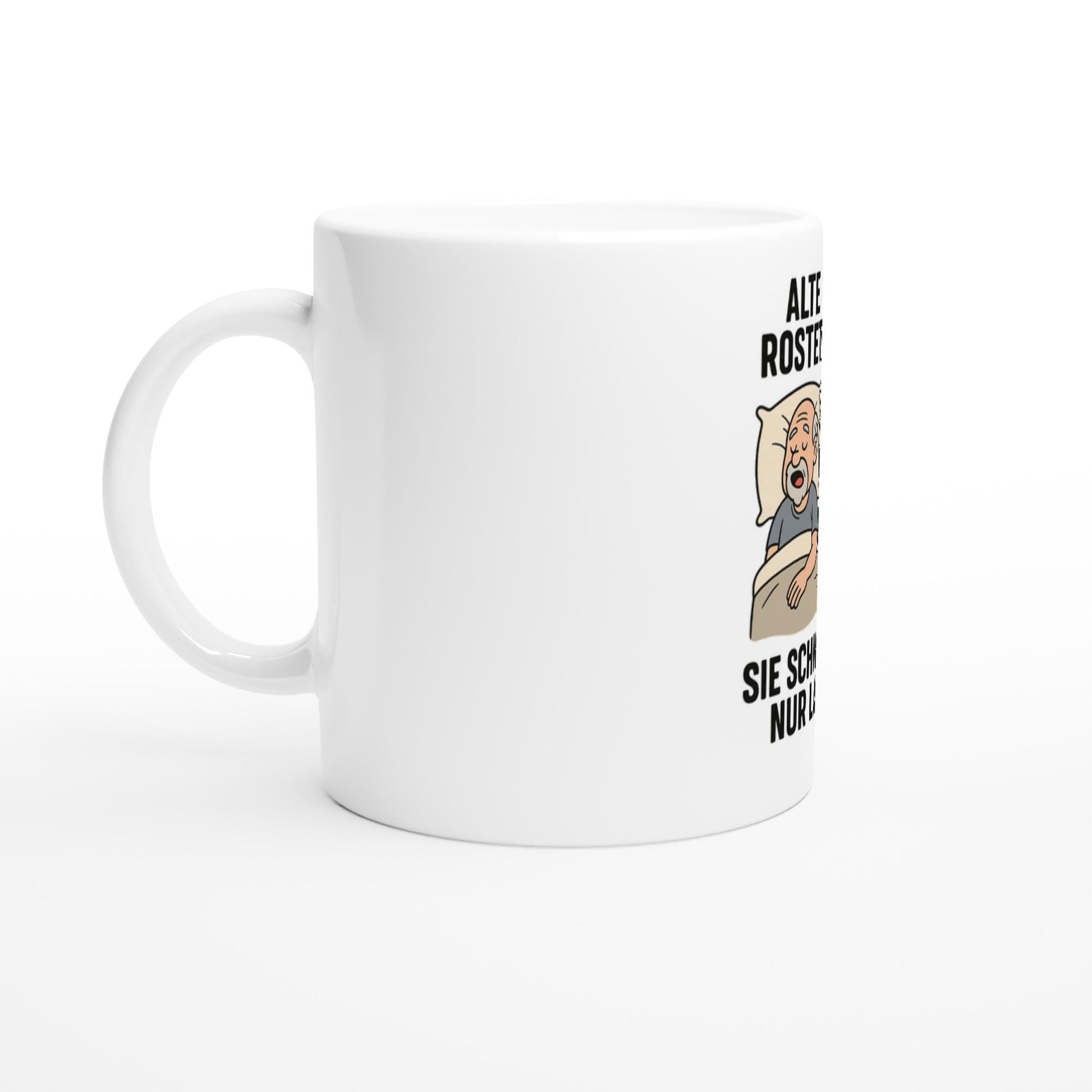Weiße Geschenkidee für Paare Tasse mit humorvollem Design und altem rostigem Mann Motiv