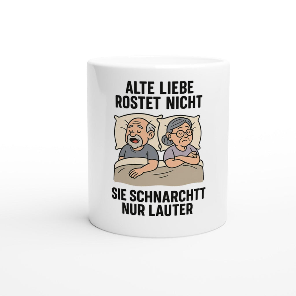 Weißer Keramikbecher mit Aufdruck alte Liebe rostet nicht Geschenkidee für Paare Tasse