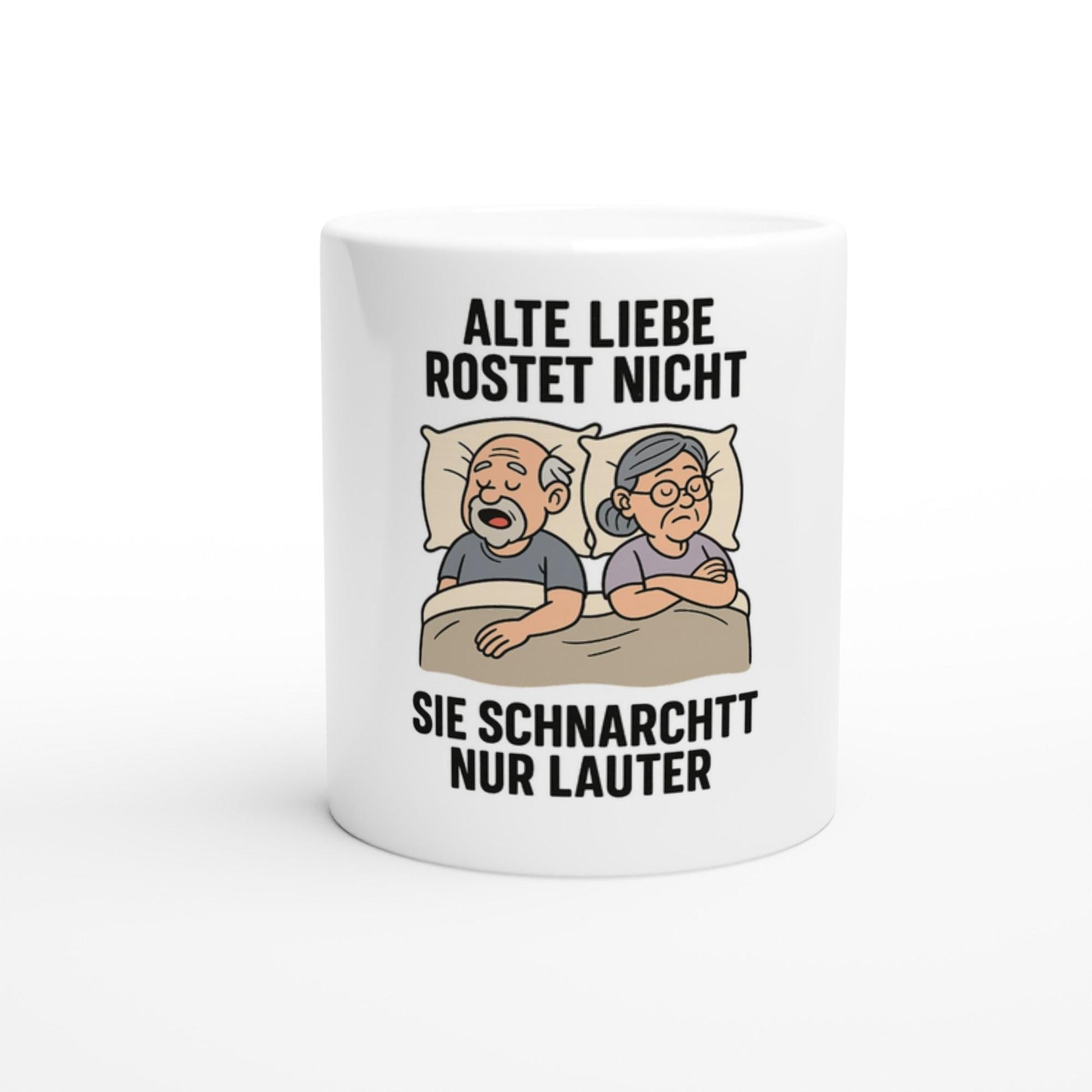 Weißer Keramikbecher mit Aufdruck alte Liebe rostet nicht Geschenkidee für Paare Tasse