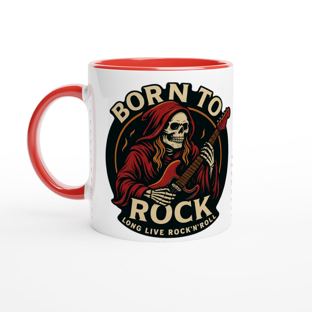 Weiße Tasse mit rotem Griff und Innenseite, bedruckt mit Skelett und Gitarre als geschenkidee für rocker